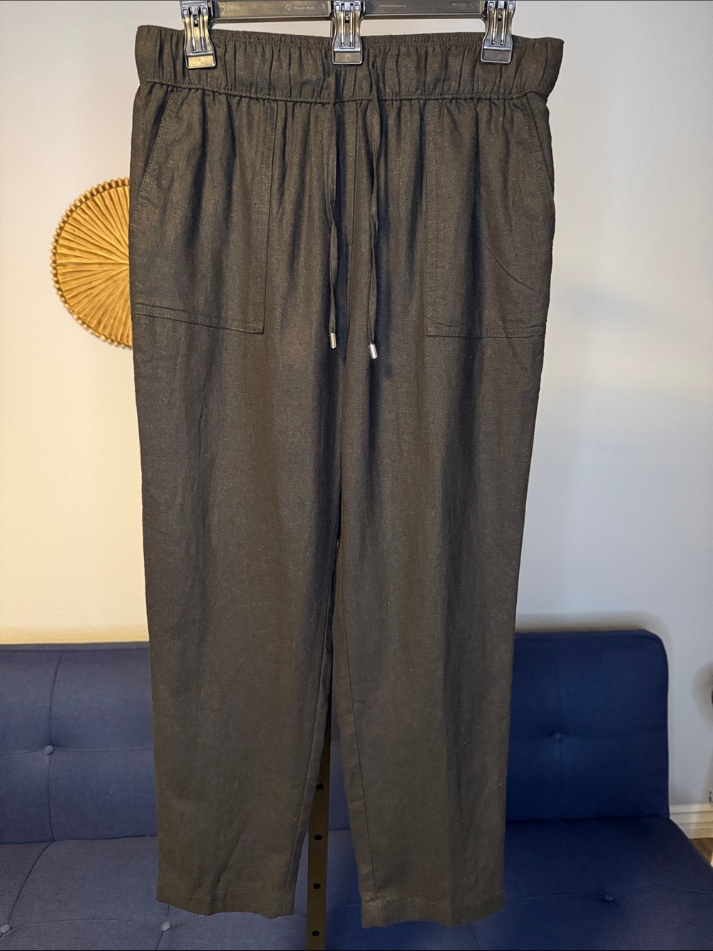 CALVIN Klein Women’s Linen Blend Drawstring Tie Waist Straight Leg Pants Small